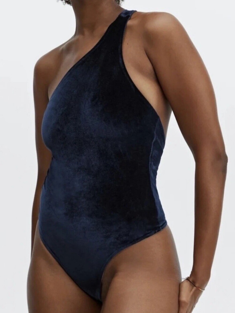 NWT Fabletics Gigi Velour Bodysuit One Shoulder Navy Blue Velvet Vanessa Hudgens